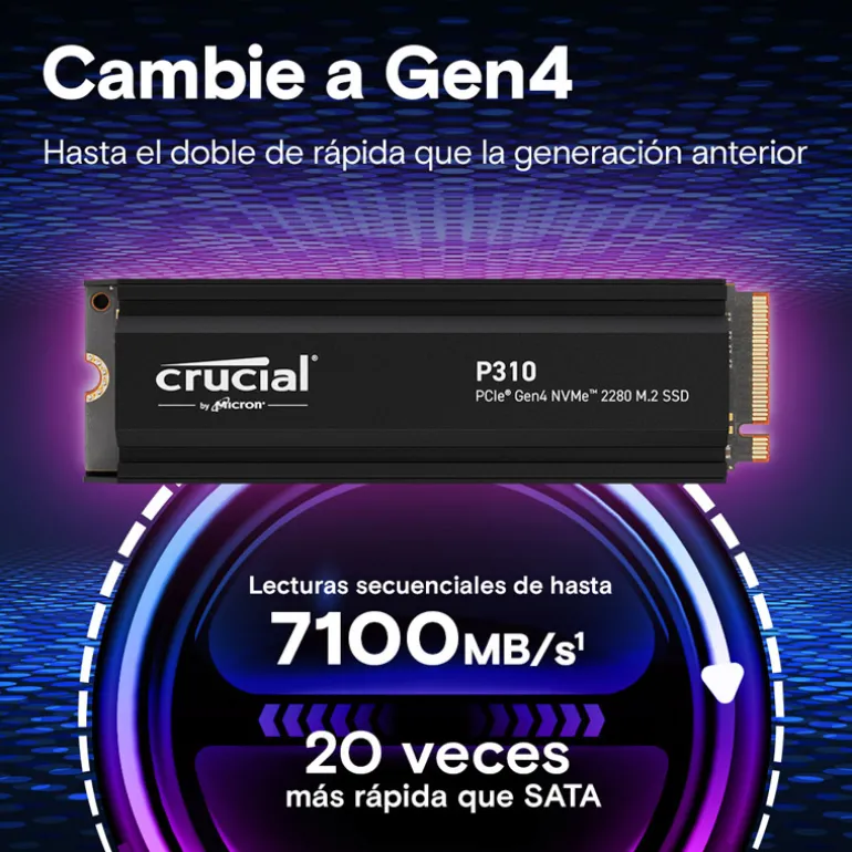 Disco Duro M.2 Crucial P310 2TB PCIe Gen4 x4 NVMe SSD Con Disipador