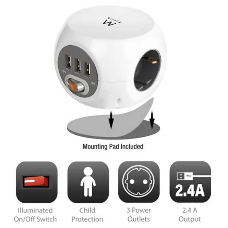 Regleta Ewent EW3939 Cubo 3 Tomas Schuko/USB Blanco