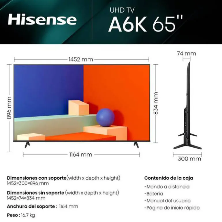 TV/Televisión Hisense 65A6K 65" Smart TV UHD 4K HDR10 Plus